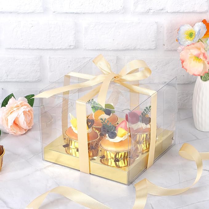 EUSOAR Cupcake Containers, 18 Pack Gold Bakery Mini Cake Take out Boxes 4 Count with Gift Ribbon, Assembly Plastic Dessert Pastry Holder Disposable Cookies Wrappers for Birthday Wedding Party Favors