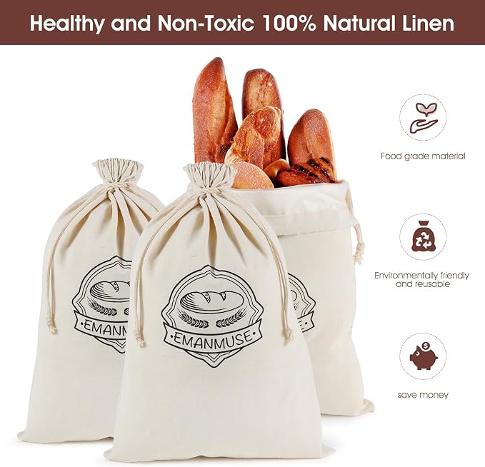 5 Pack Linen Bread Bags for Sourdough, Homemade Bread, TPU Lined | 5 pack linen bread bags with TPU lining, 12 x 17.5 in, for sourdough, loaves, rolls, bagels, reusable