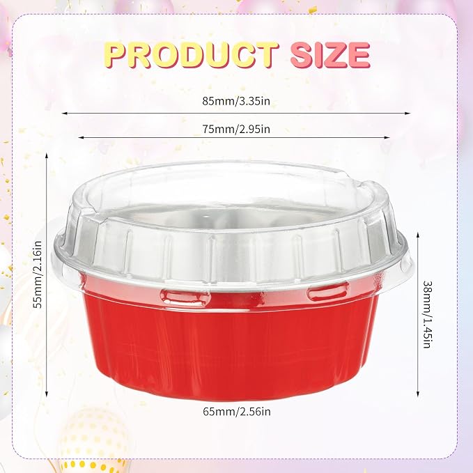 Tessco for you 150 Pcs Disposable Ramekins with Lids 8 oz Creme Brulee Ramekin Aluminum Foil Cup Cupcake Liner Baking Valentines Disposable Muffin Tin Pan Cheesecake Container (Red,Silver)