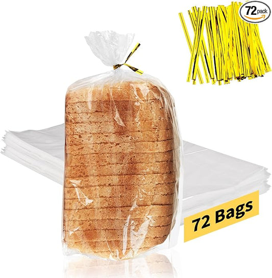 Bread Bags with Ties, 72 Pack Clear Bread Bags for Homemade Bread and 100 Ties, Adjustable Reusable Plastic Bread Bags, Bread Loaf Bags for Home Bakers and Bakery Owners