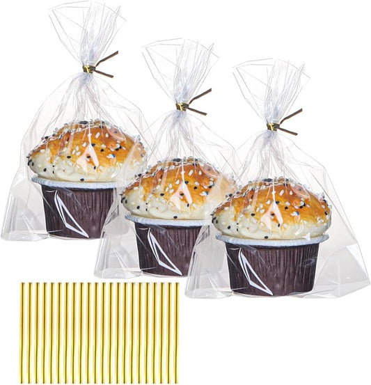 100 Pack 5"×2"x6.5" Cellophane Muffin Bags with Gold Twist Ties Pro Grade Flat Bottom Design for Cupcakes, Macarons & Chocolate Treats (Fits Cookies, Strawberries) Reusable Resealable Bakery Packaging