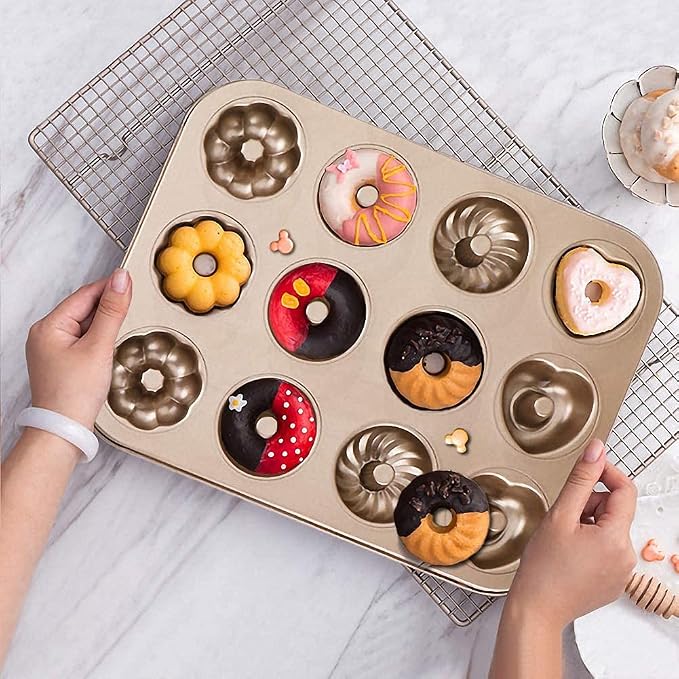 Ulalaza Donut Pan Molds Non-Stick 12-Cavity Carbon Steel Donut Mold for Baking BPA Free Mold Sheet Tray Oven Microwave Dishwasher Freezer Safe Easy Clean