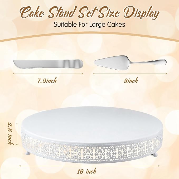 Wenqik White Cake Stand 16 Inch Metal Round Cupcake Dessert Wedding Cake Stand with Cutting & Spatula Cookies Display Holder Fruit Serving Tray for Table Wedding Birthday Anniversary Party