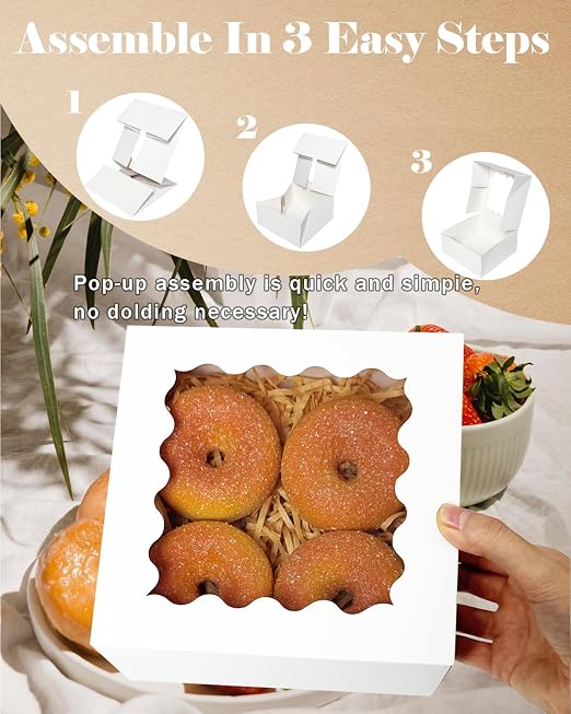qiqee Auto-pop Up 240pcs White Bakery Box with Window 6"×6"×3" Macaron Boxes Small Donut Pastry Boxes for Party Mini Cookie Boxes