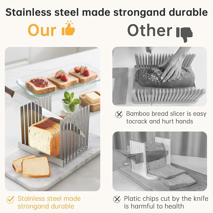 Bread Slicer, 304 Stainless Steel Adjustable Slice Guide, Collapsible Space-Saving, Durable and Stable for Homemade Bread, Bagels and Cakes (Silver)