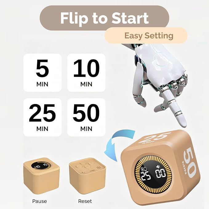 KADAMS Timer Pomodoro - Productivity Pomodoro Cube, 5/10/25/50 Min Countdown & Countup, Silent – for Work Study Workout Kitchen School Classroom Office ADHD Gift Kids (1, Light Mocha)