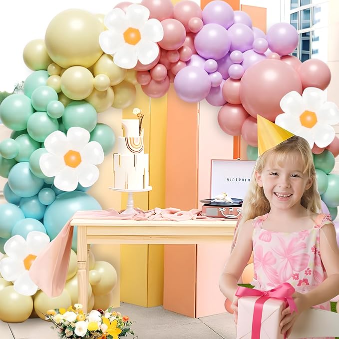 Daisy Balloon Arch Garland Kit - 136Pcs Pastel Rainbow Balloon Arch Kit - Birthday Balloons, White Groovy Flower Macaron Pink Yellow Blue Purple Balloons for First Birthday Wedding Party Decorations