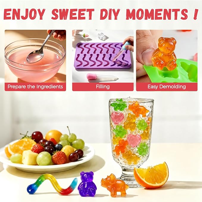 Large Gummy Bear and Worm Mold Silicone, 4 PCS No Stick Chocolate Candy Gummy Molds