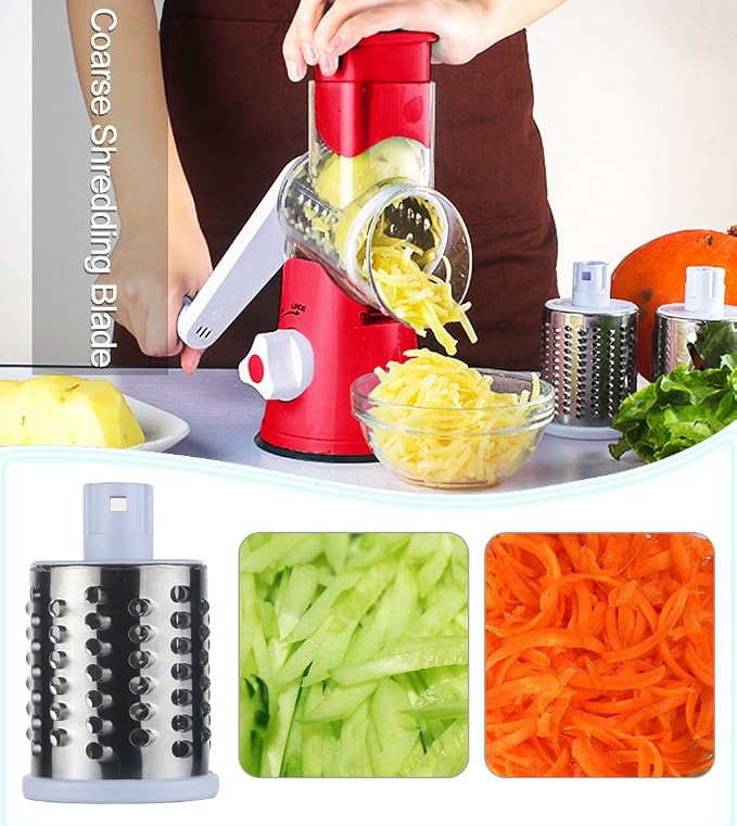 Ourokhome Rotary Cheese Grater Shredder and Pastry Dough Bench Scraper Knife, with Vegetable Peeler and Cleaning Brush (Red)