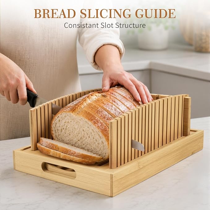 Bamboo Bread Slicing Guides with Adjustable Width, Bread Slicer Guide with Crumb Catcher & Serve Tray for Homemade Bread Cut