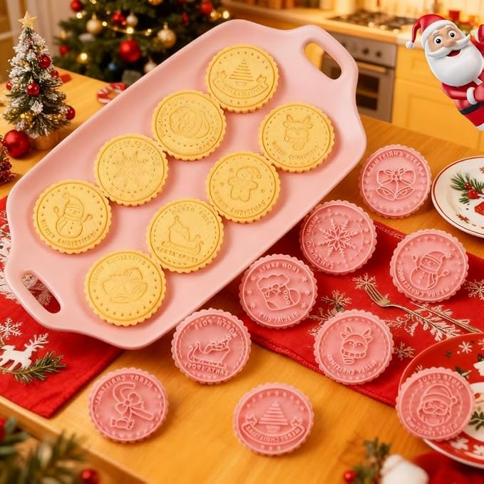 Christmas Cookie Stamps, 10-Piece 3D Press Cutter Set | Reindeer, gingerbread man, snowman, bell, stocking, candy cane and sleigh designs for holiday baking