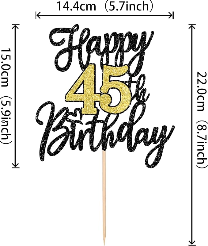 1 PCS Happy 45th Birthday Cake Topper Black Gold Glitter Cheers to 45 Years Birthday Cake Pick 45 Fabulous Cake Decoration for Happy 45th Birthday Anniversary Party Decorations Supplies