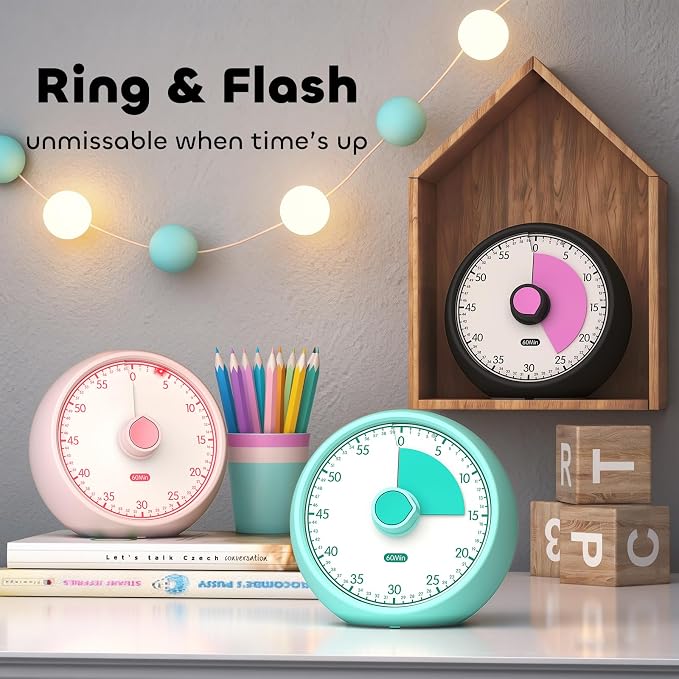 Visual Timer for Kids 60-Minute Countdown Timer with Optional Alarm, Focus Tool for ADHD & Autism, Time Management for Homework, Chores, Office, Kitchen, Teaching & Study Routines (Pink)