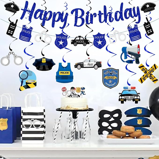 Zwiebeco Blue Black Silver Police Happy Birthday Banner Bunting Hanging Paper Swirls Garland Party Decorations for Boys Girls Kids Womens Mens Adults Police Themed Bday Decor Accessories Supplies