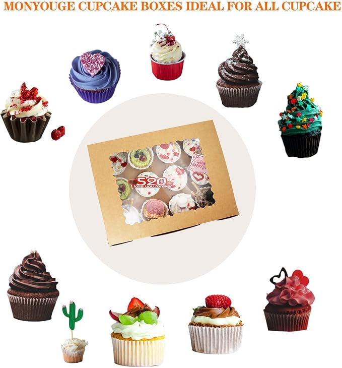 3-Set Cupcake Boxes Bulk with Clear Display Window Hold 12 Standard Cupcakes, Disposable Food Grade Brown Cupcake Carrier Cupcake Container, Perfect for Cupcakes Muffins Cookies Pastries