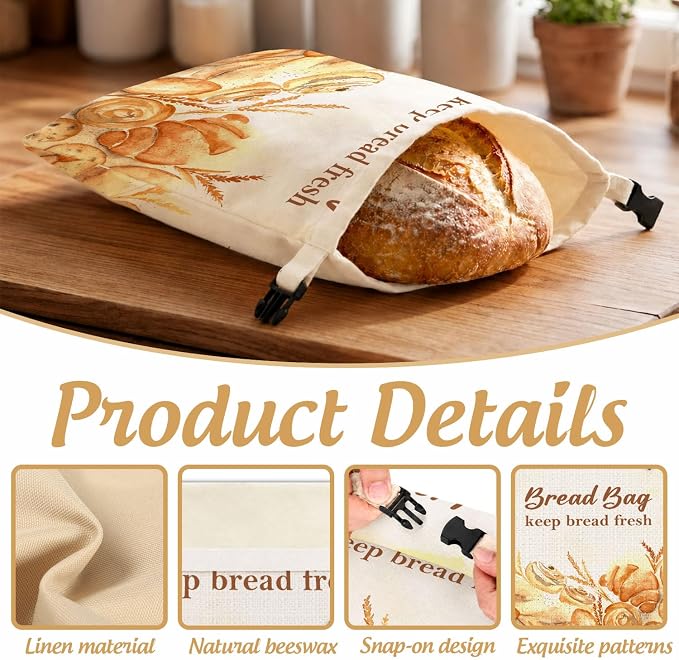 2 Pack Reusable Beeswax Bread Bags, Honey Theme Bread Bag for Sourdough, Natural Beeswax Storage Bag, Reusable Linen, Food Storage Cloth Bag with Buckle 13 * 17IN