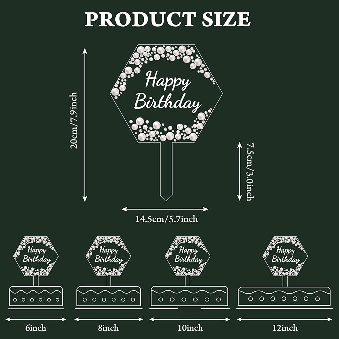 Coucoland Birthday Cake Topper - Hexagon Acrylic Cake Decor with Sparkling Rhinestones and Pearls for Party Supplies