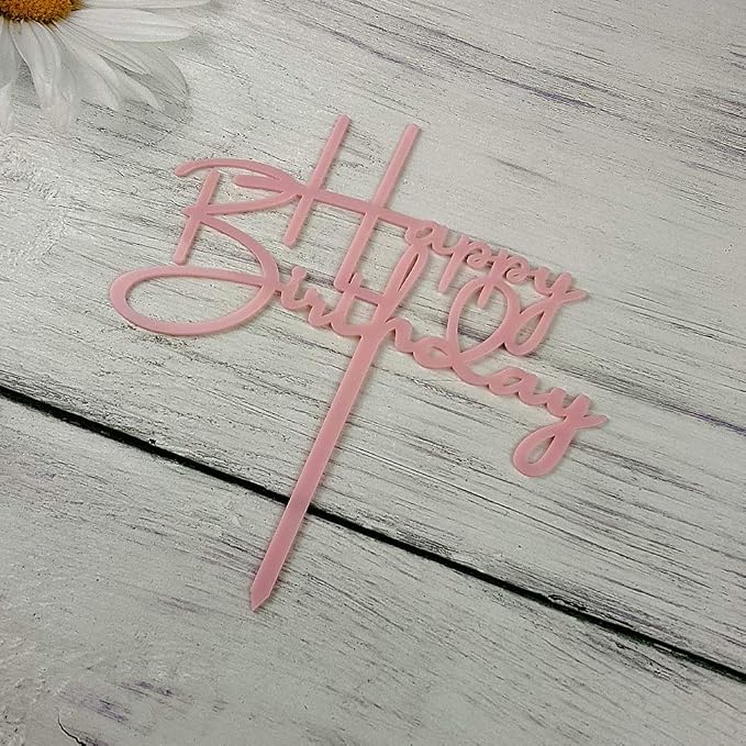 Happy Birthday Cake Topper for Birthday Party Decorations, Pink Acrylic