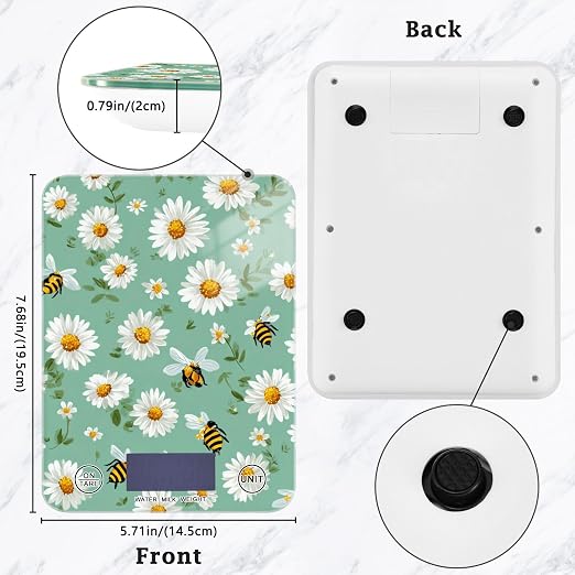 Food Scale Kitchen Scale for Baking Cooking Digital Food Weighing Measuring Scale Small Waterproof Electric Food Scale Mint Green Daisy Flowers and Bees
