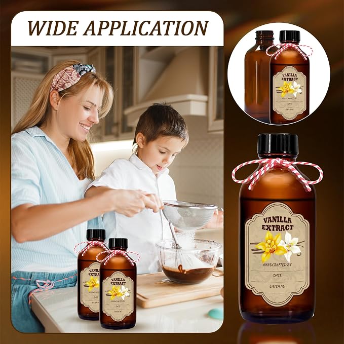 2 oz Amber Glass Boston Round Bottles, 12-Pack Empty Vanilla Extract Bottles with Caps for Gift Giving, Syrup, Sauce