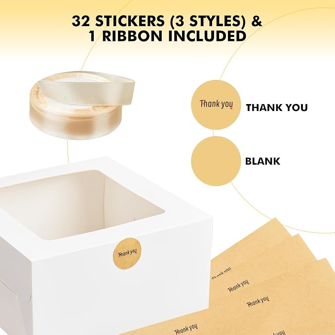 RACETOP 32pcs Cake Boxes with Window, 10x10x5 Inches White Bakery Boxes, Cookie Dessert Boxes, Pastry Box, Square Cardboard Cake Box for Cake, Birthday Party, Donuts, Wedding