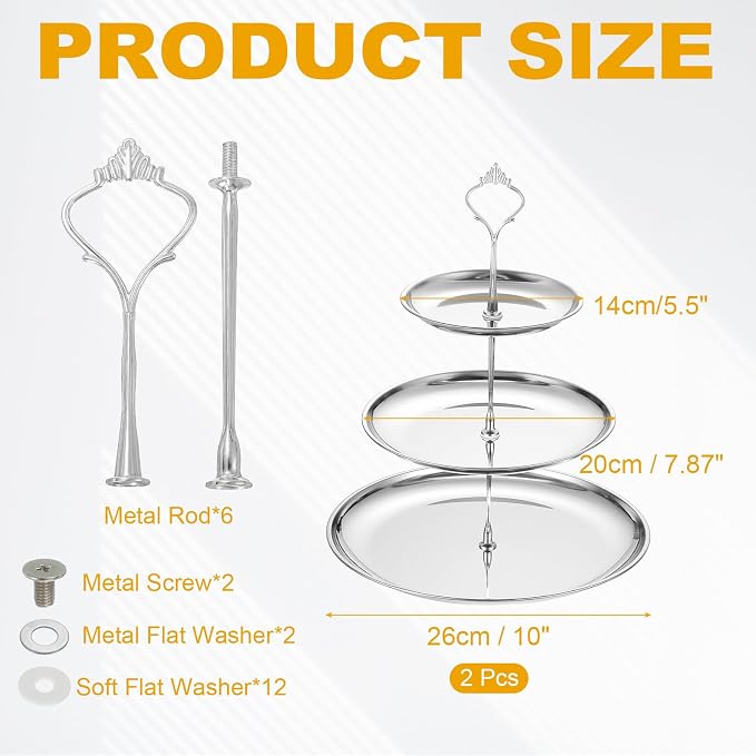 uxcell 2 Sets 3-Tier Cupcake Stand Holder, Round Tiered Serving Tray Stainless Steel Cup Cake Stand for Dessert Fruit Table Birthday Party Decoration Display, Silver