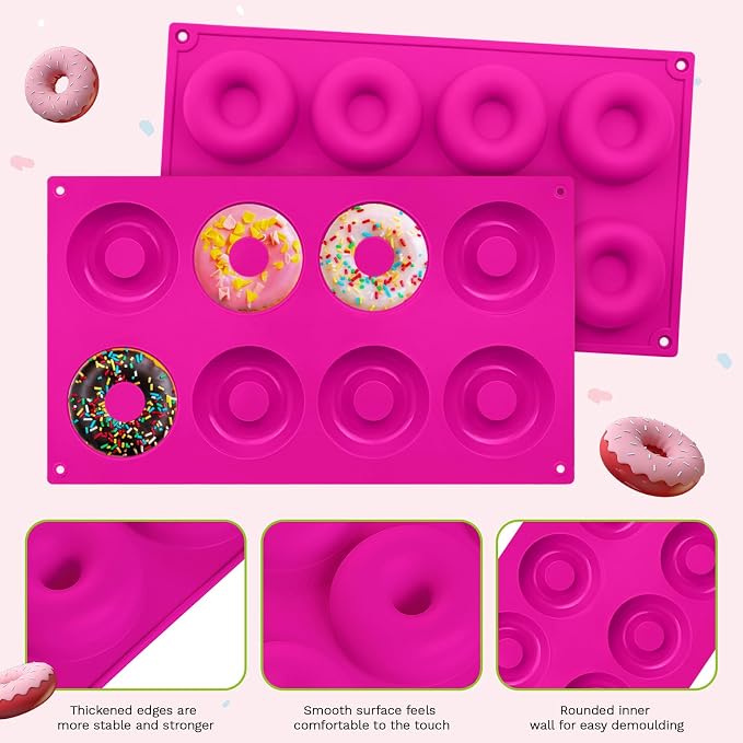 2er Pack Silicone Donut Mold - Non-Stick Silicone Doughnut Pan DIY Chocolate Baking Cookie Molds, Heat Resistant, Make Donut Cake Biscuit Bagels, BPA Free Dishwasher Safe (rose red, 8 Cavities)