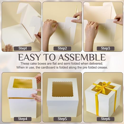 Teenyyou 48 Pcs Cake Boxes with Boards 24 Baking Boxes with Window 24 Cake Boards 2 Rolls Silk Ribbon Large Square Baking Storage in 3 Sizes 12x12x8, 10x10x8, 8x8x8 Inch Disposable Dessert Containers