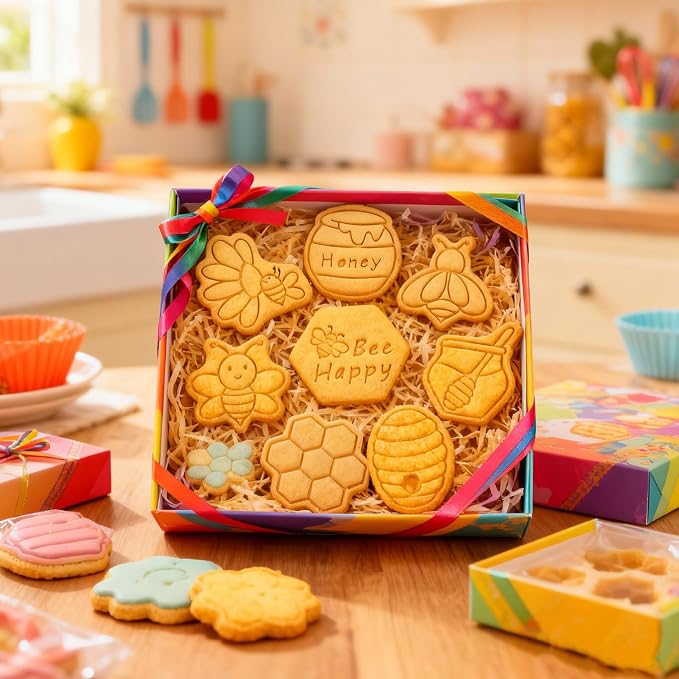 8 Pcs 3D Bee Cookie Cutters With Plunger Stamps Set Mini Honey Honeycomb Plastic Embossing Cutters for DTY Biscuit Snacks Baking Birthday Party Supplies Cheese Fondant Pastries Apple Pie