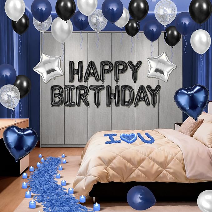Blue Black Happy Birthday Balloons Decorations Navy Blue Black Birthday Balloon Letters Banner with Star Heart Balloons Artificial Rose Petals 24 Flameless LED Candles for Birthday Party Supplies