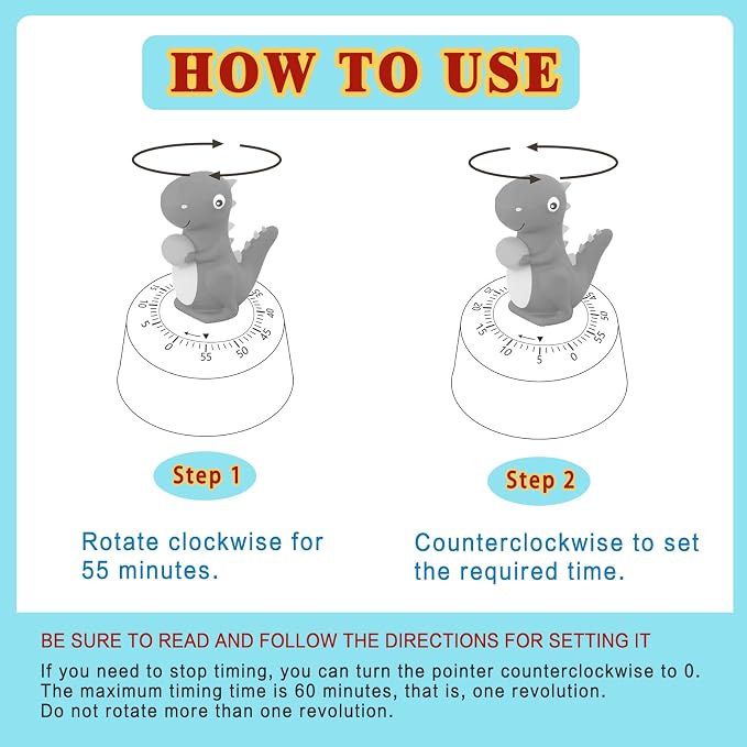 ELE DEPI 60 Minutes Mechanical Kitchen Timer,Cute Dinosaur Timer for Kids,Wind Up Egg Timer for Cooking,Reading,Classroom and Do Sports. (Sky Blue)