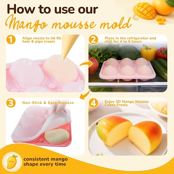 3D Mango Silicone Mold for Mousse, 6-Cavity Fruit Pudding Mango Mold for Baking Pastry, Non-Stick Mango Shape Cake Mold for Mousse Cake, Jelly, Chocolate, Ice Cream