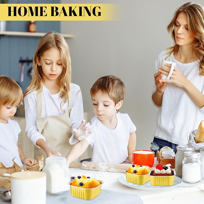 200 Pack 5 oz Mini Cake Pans with Lid, Aluminum Foil Mini Baking Tins, Square Disposable Cupcake Baking Cup Dessert Container for Wedding Birthday Party Picnic(Gold,Classic)