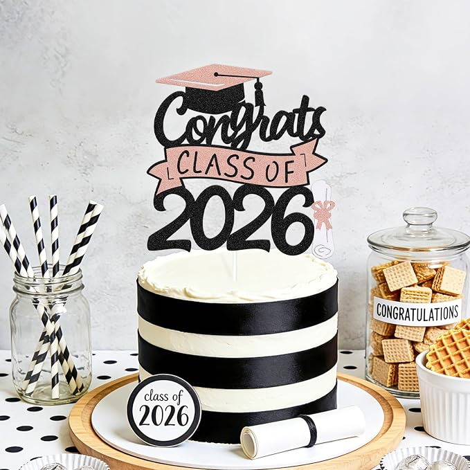 Congrats Class of 2026 Cake Topper Congrats Grad Cap Diploma Theme for High School Happy Graduation Party Supplies College Graduate Decoration (Rose Gold)