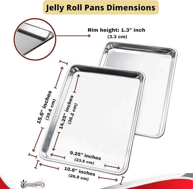 KITCHENATICS Jelly Roll Baking Pan Aluminum Nonstick Warp Free Set of 2 | Rimmed nonstick trays used for roasting meats, baking pastries and catching drippings while cooking