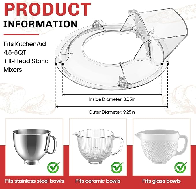 Pouring Shield for KitchenAid Mixer - Splash Guard for Kitchen Aid Stand Mixer Works with 4.5-5QT Tilt-Head Mixer Bowls (Stainless Steel/Glass/Ceramic/Wood), Kitchen Aid Accessories and Attachments