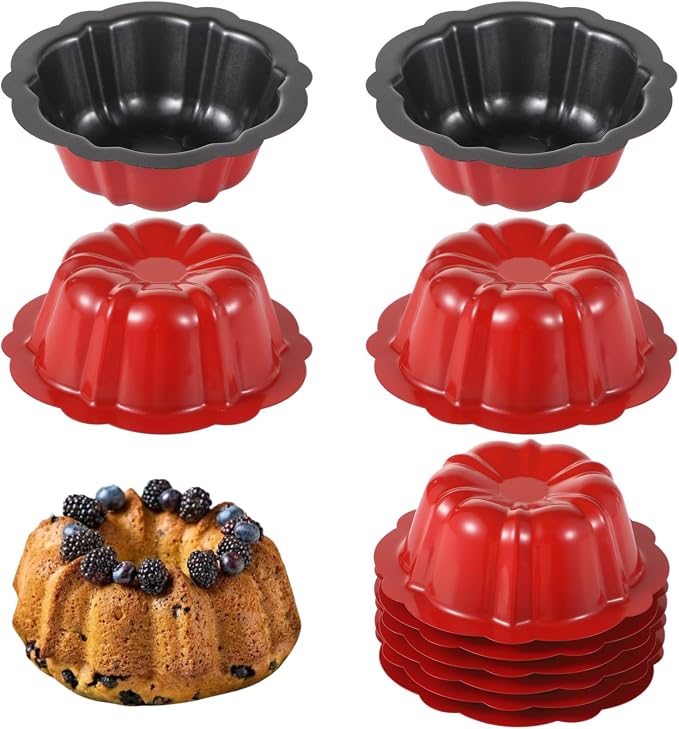 Homaisson 10PCS Mini Fluted Tube Pan, 4.5Inch Carbon Steel Mini Cake Molds, Nonstick Reusable Oven Baking Mold for Cupcake, Bread, Bavarois, Brownie (red)