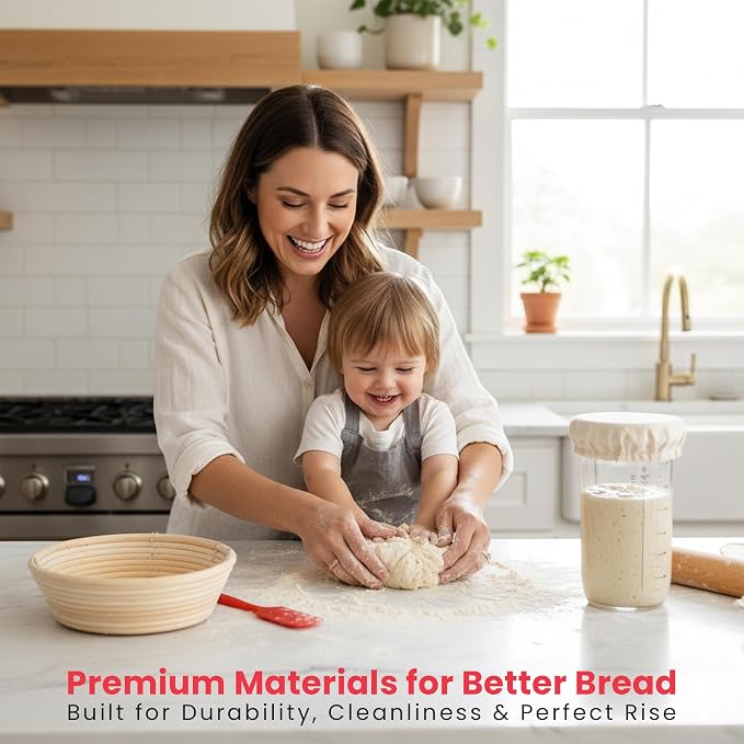 Complete Sourdough Starter Kit, Round Bread Proofing Basket Set, Premium Sourdough Bread Baking Supplies with 9 Inch Natural Rattan Banneton Basket, Liner & Bread Lame