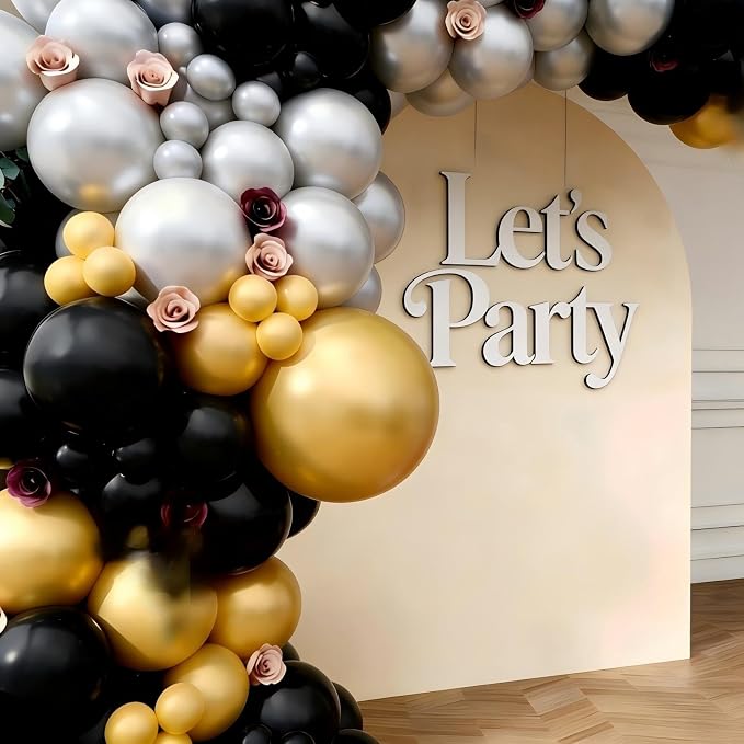 Black Gold Silver Balloon Garland Arch Kit, 143Pcs Black Gold Silver Latex Balloons for New Year 2026 Graduation Retirement Birthday Party Decoration