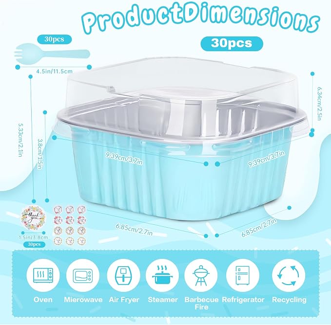 30Pack 5oz Blue Mini Cake Pans with Lids and Spoons Baking Cups Aluminum Foil Pans Tins, Individual Dessert Cups Containers for Sales,Party,Picnics