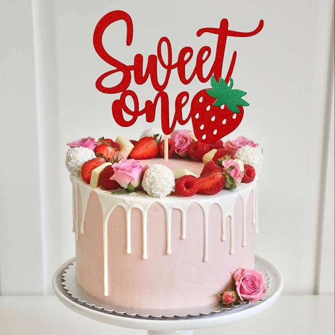 1 PCS Strawberry 1st Birthday Cake Topper Glitter Sweet One First Birthday Strawberry Cake Pick Decoration for Sweet Fruit Theme Baby Shower Kids Birthday Party Supplies Red