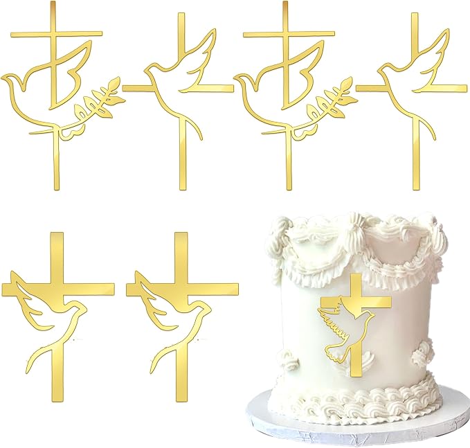 4 Pack Acrylic Baptism Cake Topper Mirror Acrylic Gold Dove Cross Cupcake Toppers First Communion Cake Decorations for Baby Shower Birthday Christian Party Decorations