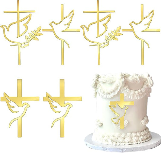 4 Pack Acrylic Baptism Cake Topper Mirror Acrylic Gold Dove Cross Cupcake Toppers First Communion Cake Decorations for Baby Shower Birthday Christian Party Decorations