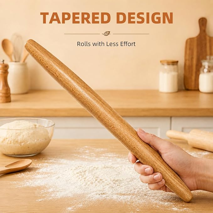 French Rolling Pin, 17 Inch Solid Wood Tapered Rolling Pin for Baking, Wooden Dough Roller for Pastry, Pizza Dough, Pie Crust, Cookies, Pasta and Fondant