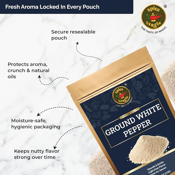 Spice Magic Ground White Pepper 4 oz | Gentle, Mild Heat and Subtle Flavor Perfect For Light Sauces, Soups, Chicken, and Seafood.