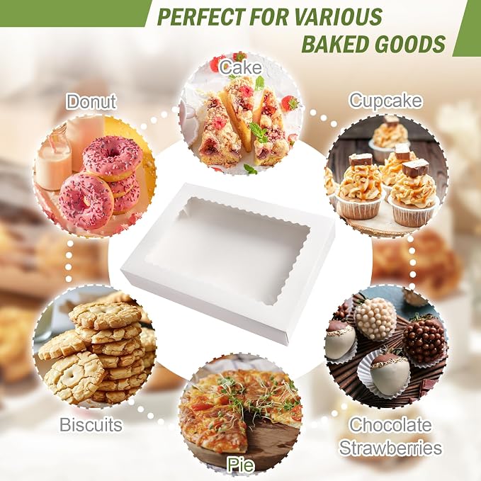 Rarapop 25 Pack Large Cookie Boxes with Window, 16x11x2.5 Inches Auto-Popup Bakery Boxes Treat Boxes for Pastries, Donuts, Pies, Muffins