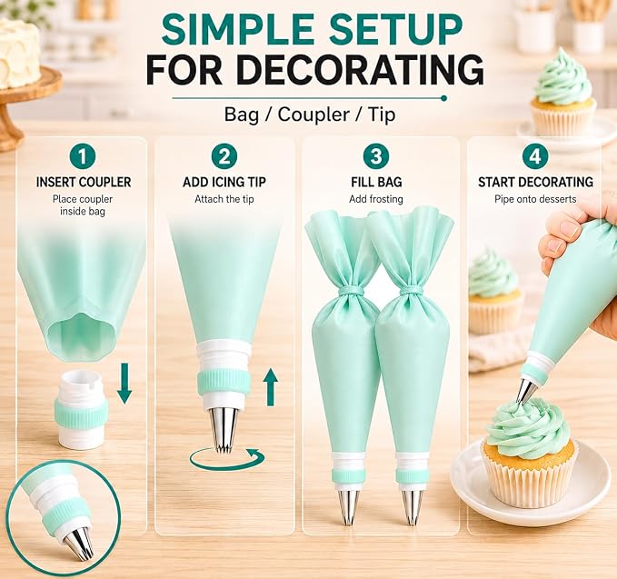 15 PCS Cake Decorating Supplies Set with 2 Reusable Superflex Piping Bags, 6 Stainless Steel Icing Tips, 3 Cake Scrapers, 2 Couplers and Ties for Beginners,Mint Green