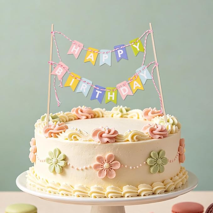 Gosknor Happy Birthday Flag Banner Cake Topper, Handmade Pennant Birthday Cake Flag Decoration for Party Decorations Supplies (Macaron Colors)