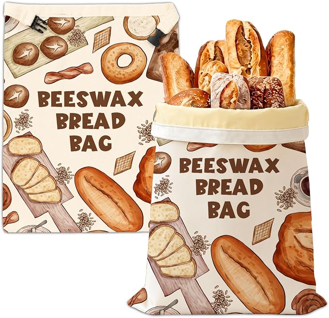 2 Pack Bread Bag for Homemade Bread, Natural Beeswax Storage Bag, Reusable Linen, Food Storage Cloth Bag with Buckle, Keep Loaves Fresh Longer, Homesteading Essentials Supplies 13 * 17IN