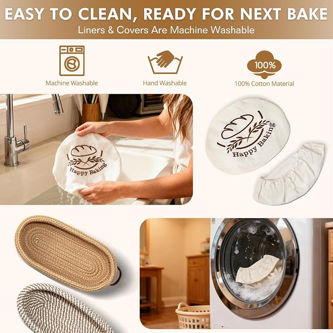 Proofing Basket Banneton Bread Baskets Sourdough Proofing Basket 2Pcs Oval | Howasai Sourdough Proofing Basket, 2Pcs 10''Oval Banneton Baskets With Liners & Covers, Cotton Rope Bread Baskets